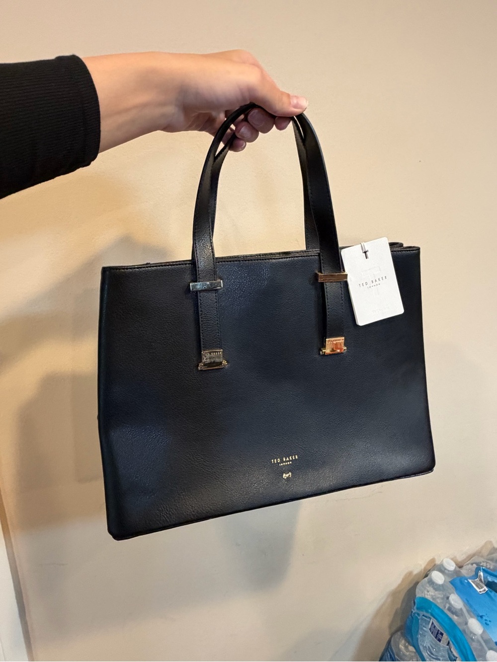 Ted Baker Black Leather Structured Tote with Gold Accents